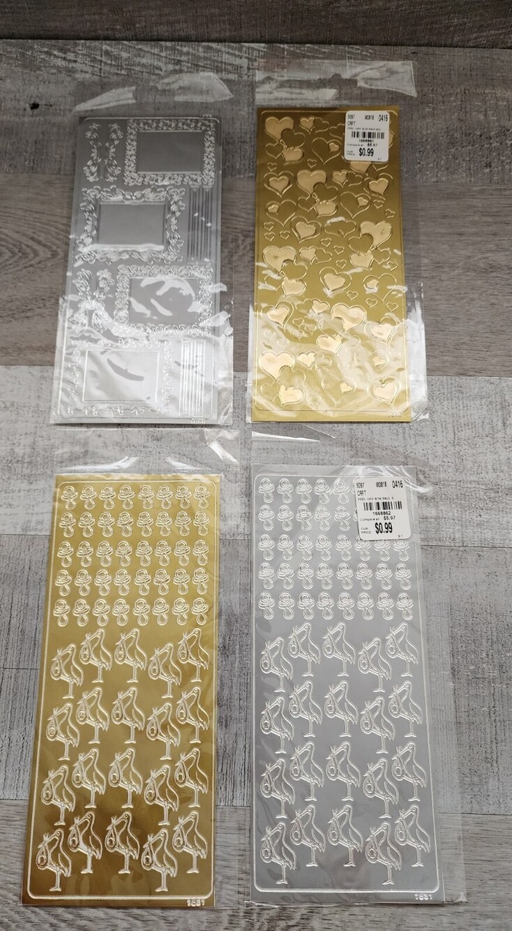 4 sets Embossed Gold & Silver Hearts Baby Stork Pacifier Frames NEW HTF #35